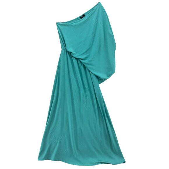Tyche Grecian Goddess Maxi Dress Teal Draped One Shoulder Formal Gown Size L - Picture 10 of 12